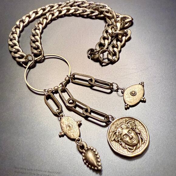 An Angel's Hug Jewelry - Ancient Greek Coin Medusa Medallion Lariat Steel Necklace